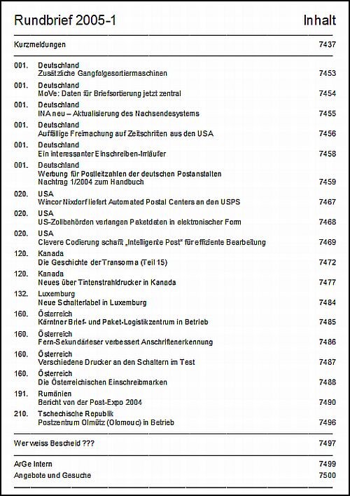 Inhaltsangabe Rundbrief 01 2005