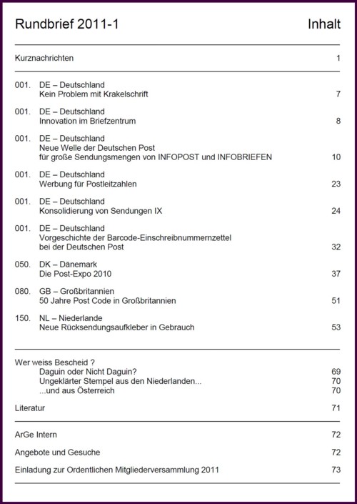 Inhaltsangabe Rundbrief 01 2011